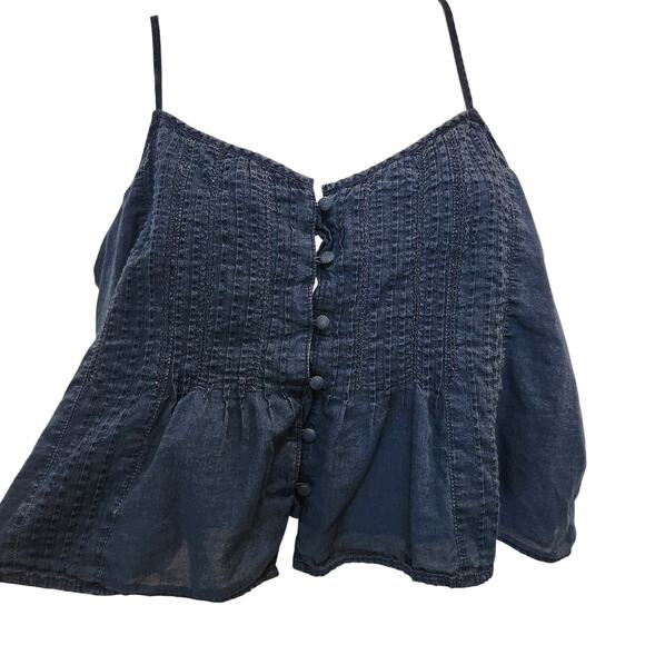 American Eagle Pintuck Sleeveless Boho Button Up Tank Top Navy Blue Medium - Picture 3 of 12